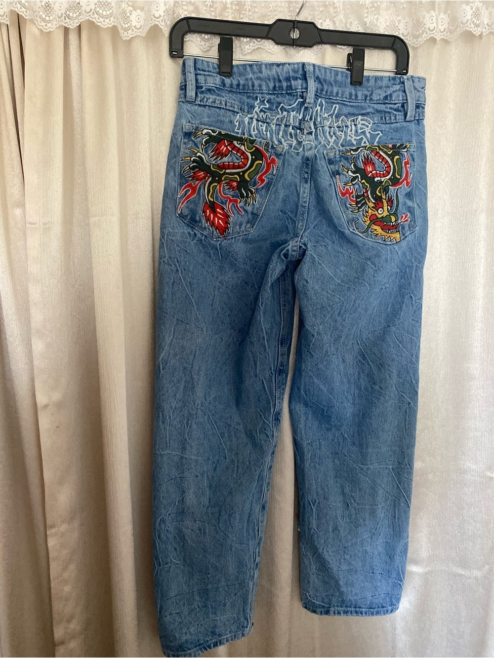 Light Blue Denim Jeans with Embroidered Dragon Back Pockets